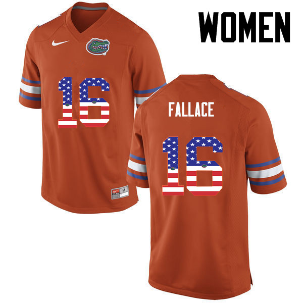 Women Florida Gators #16 Brian Fallace College Football USA Flag Fashion Jerseys-Orange - Click Image to Close